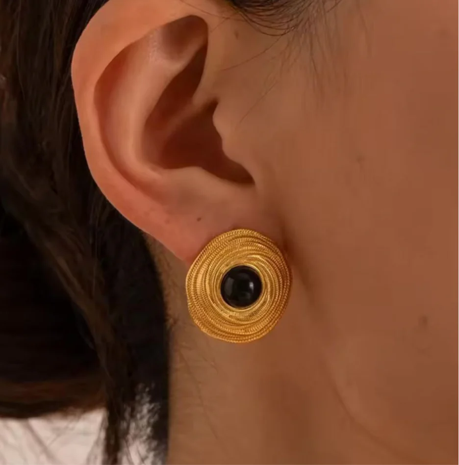 Onyx Round Golden Hoop Earrings