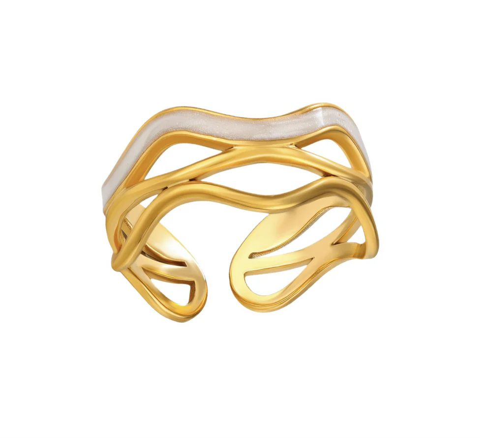 Enamel Wave Open Gold Band Ring