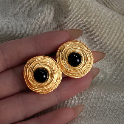 Onyx Round Golden Hoop Earrings