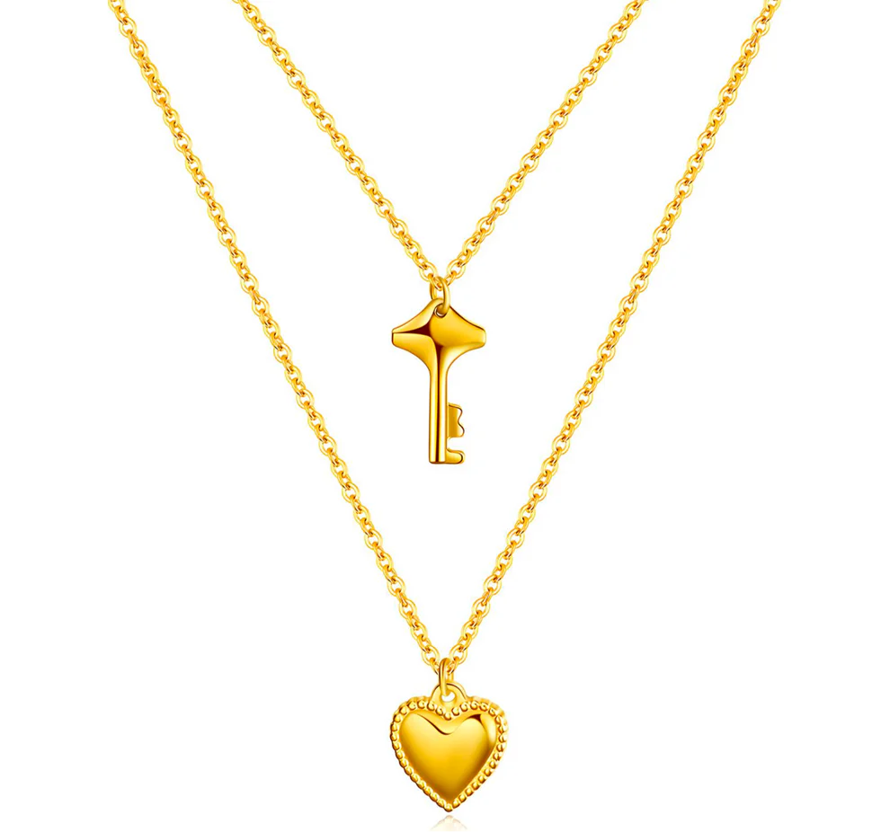 Double Layer Key & Heart Pendant Necklace