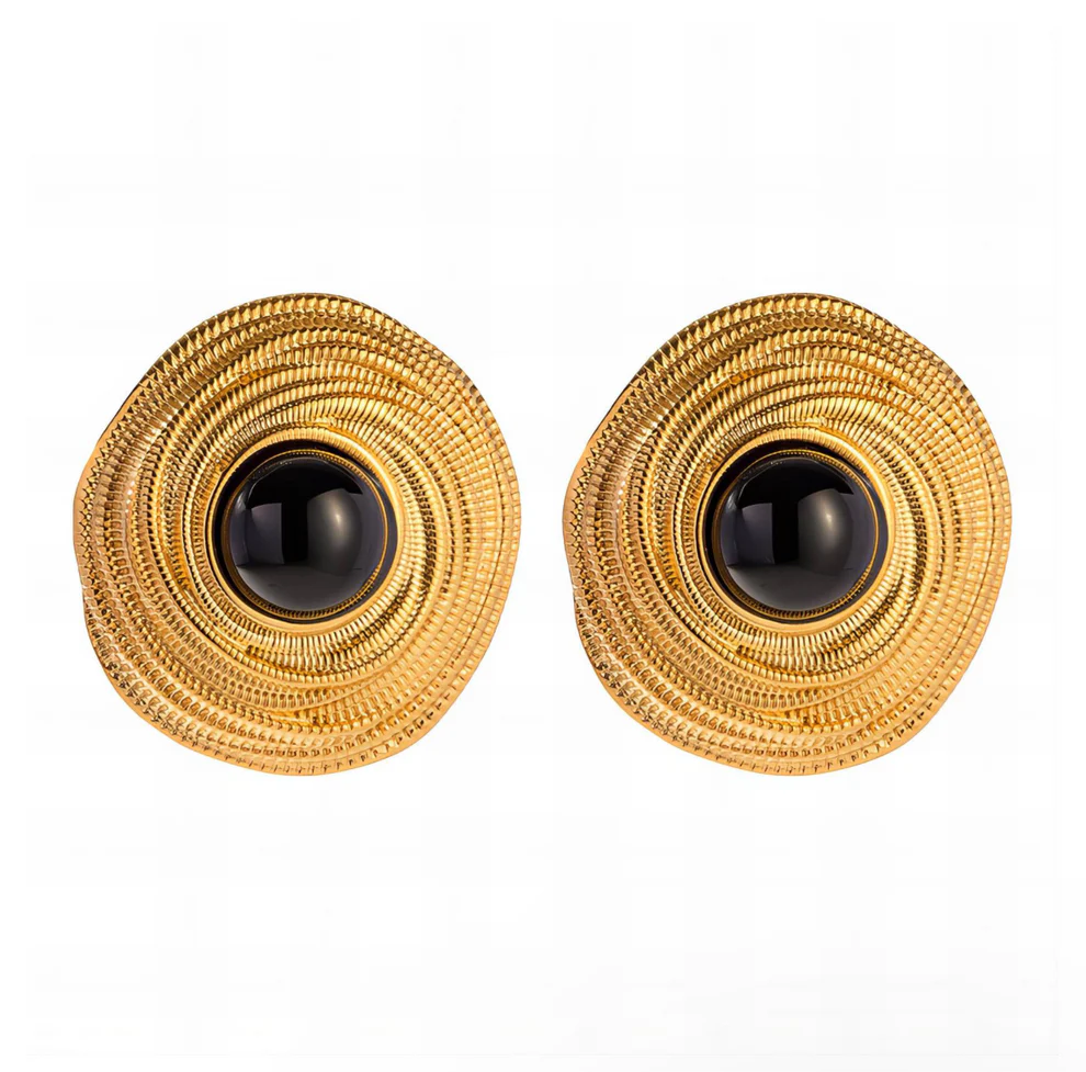 Onyx Round Golden Hoop Earrings