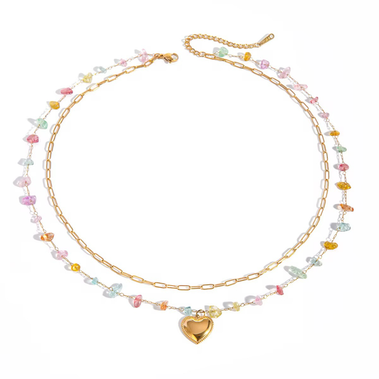 Full Heart & Raimbow Beads Layered Necklace