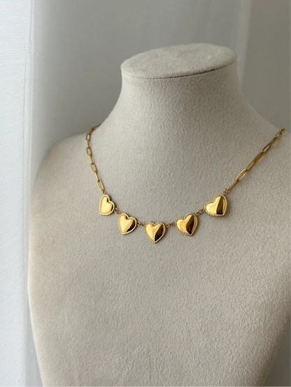 Five Full Heart Golden Link Necklace