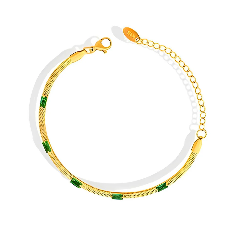 Sparkling Green Flat Snake Golden Bracelet