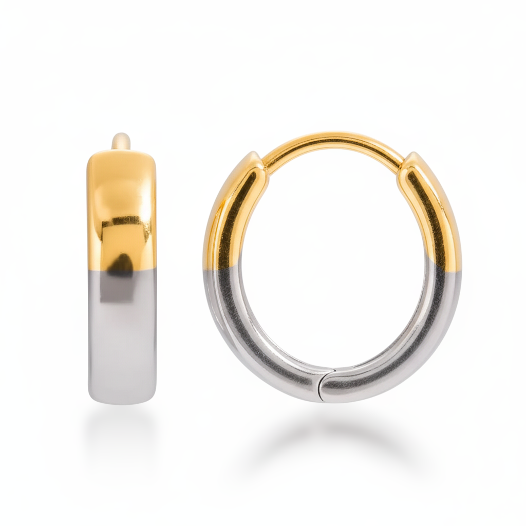Pendientes de aro pequeños Rouse Doree con diseño bicolor en acabado dorado y plateado brillante