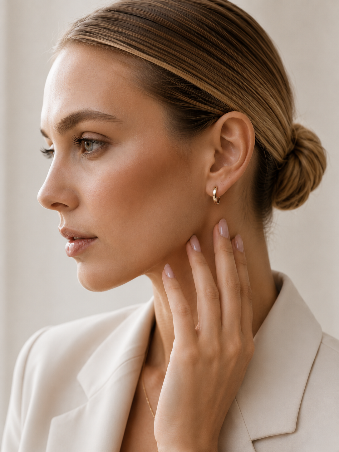 Pendientes de aro pequeños de doble tono oro y plata de Rouse Doree lucidos por una modelo con blazer beige